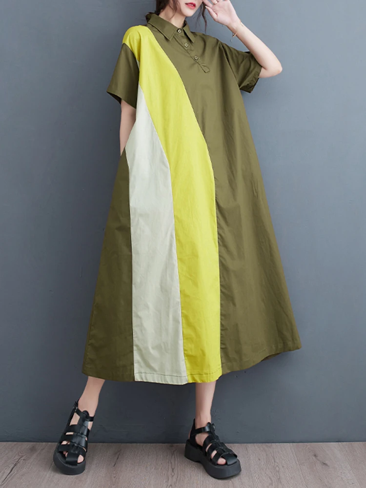 2025 Summer New Patchwork Contrast Color Shirt Dresses For Women Short Sleeve Loose Casual Long Dress Fashion Elegant Clothing