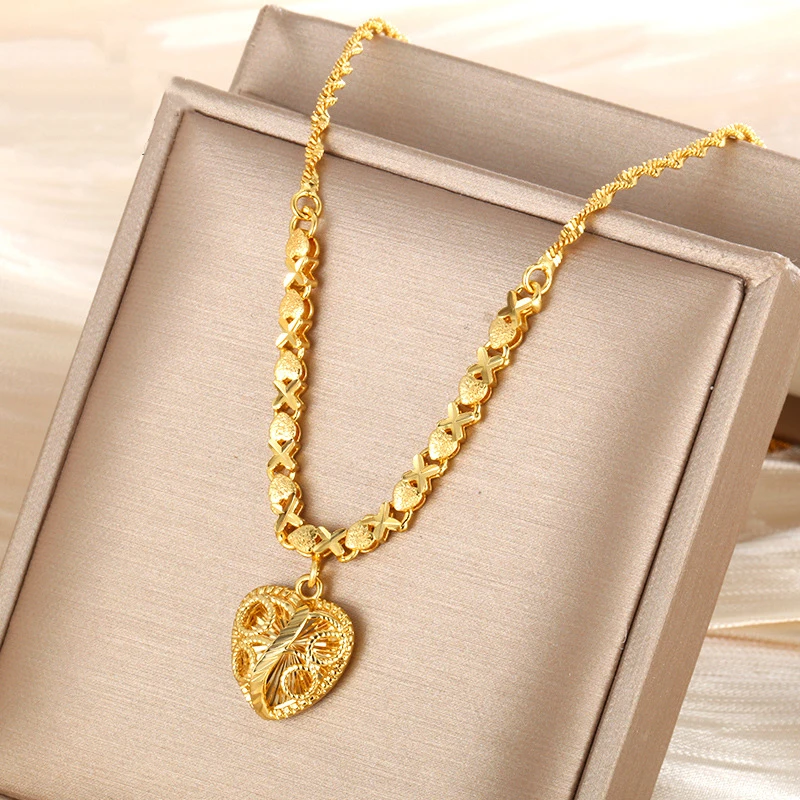 24K real gold Heart pendant water wave chain collar 999 gold vintage quality exquisite love necklace women