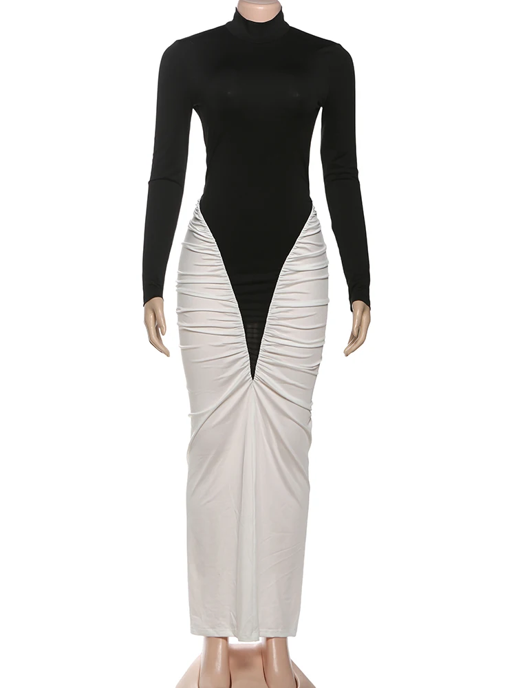 Nibber Patchwork Maxi Dress Women Color Blocking Turtleneck Full Sleeve Folds Skinny Elegant Banquet Autumn Fashion Vestidos