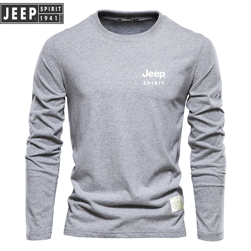 High-quality Embroidered JEEPSPIRIT Pure Cotton Round Neck Long Sleeved T-shirt for Men's Casual Fashionable Outdoor Sports 4