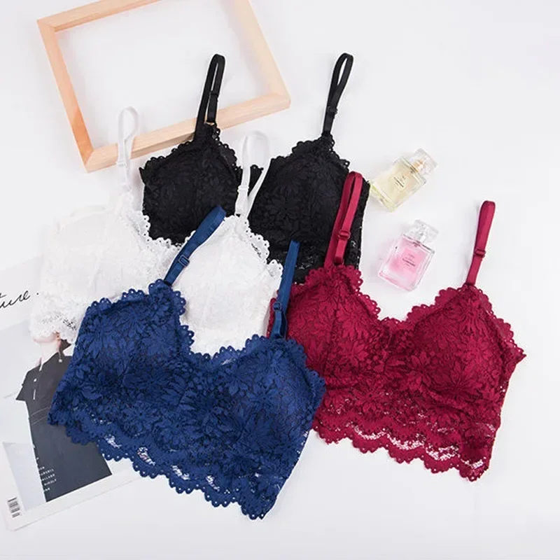 

Women Flower Lace Bras Top Comfortable Bralette Solid Color Sexy Underwear Vest Female Hollow Out Wireless Lingerie Seamless Bra