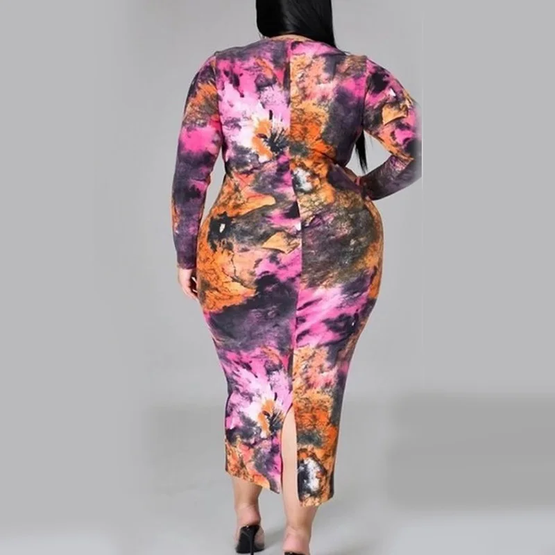 Elegant Tie Dye Printing Plus Size Clothes Spring Autumn Long Sleeve Robe Femme Sexy V-Neck Bag Hip Split Fork Mid-Calf Dresses
