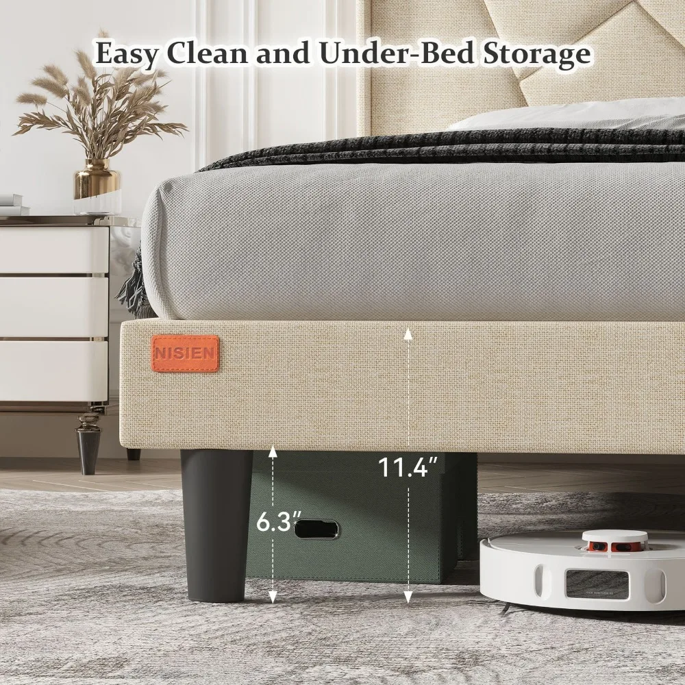 Queen Bed Frame with Charging Station, Upholstered Platform Bed with Wingback Storage Headboard, Beige EASY TO ASSEMBLE 4