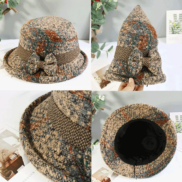 Chapeau en Tweed pour femme, casquette de bassin à carreaux avec nœud  papillon, bord roulé, chapeau seau, salut, automne et hiver - AliExpress