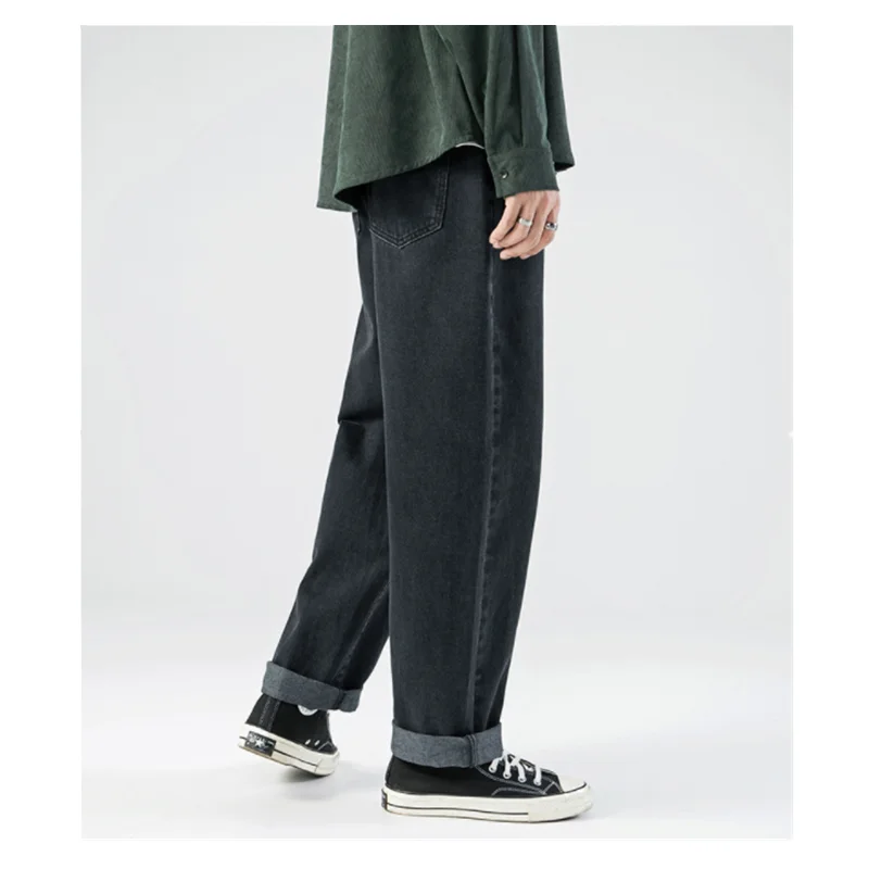 Men's 2023 Spring and Autumn New Washed Jeans Japanese Simple Solid Color Straight Sleeve Casual Loose Wide Leg Pants L0001