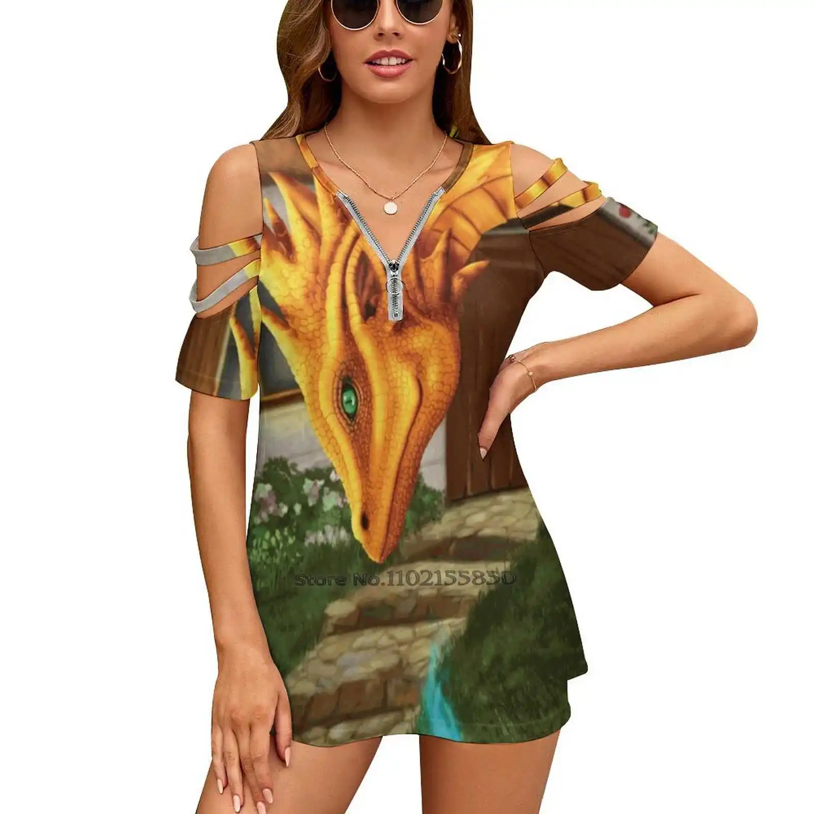 Cat And Dragon Zipper Sexy T-Shirt Casual Top Hollow Pullover Ladies Top T-Shirt Cool Battle Cat Vintage Costume Storico