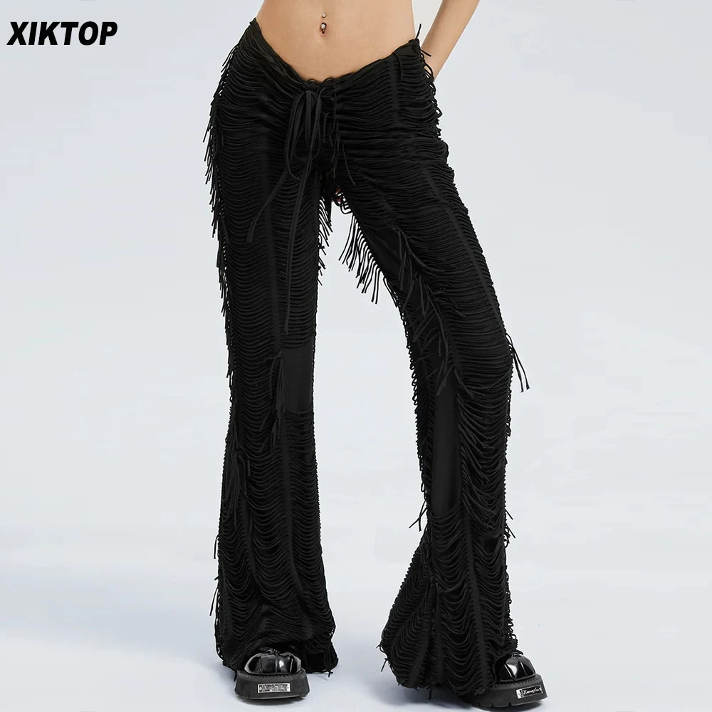 

Xiktop Vintage Flare Pants Women V-Shaped Elastic Waist Drawstring Frayed Tassel Trousers Trendy Y2k Streetwear Slim Fit Bottoms