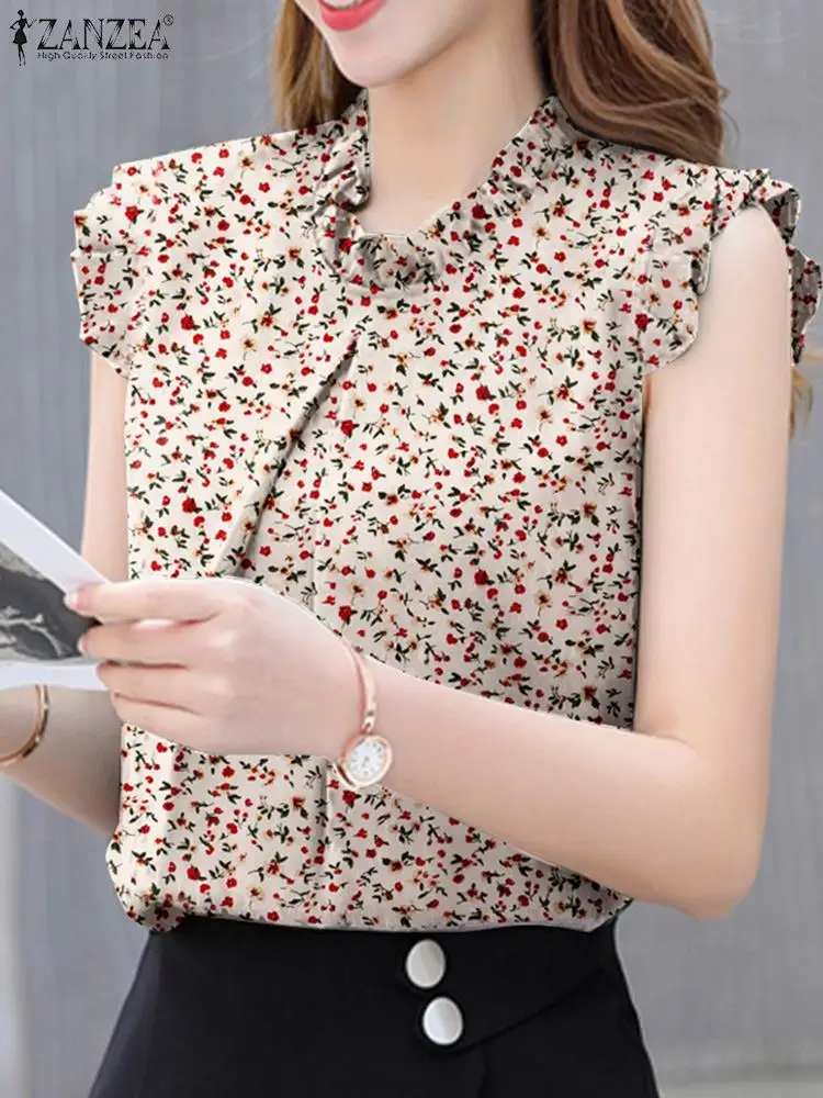 

Elegant Floral Printed Blouse ZANZEA Summer Women Tops Fashion OL Work Shirt O Neck Sleeveless Blusas Ruffle Chemise Mujer Femme