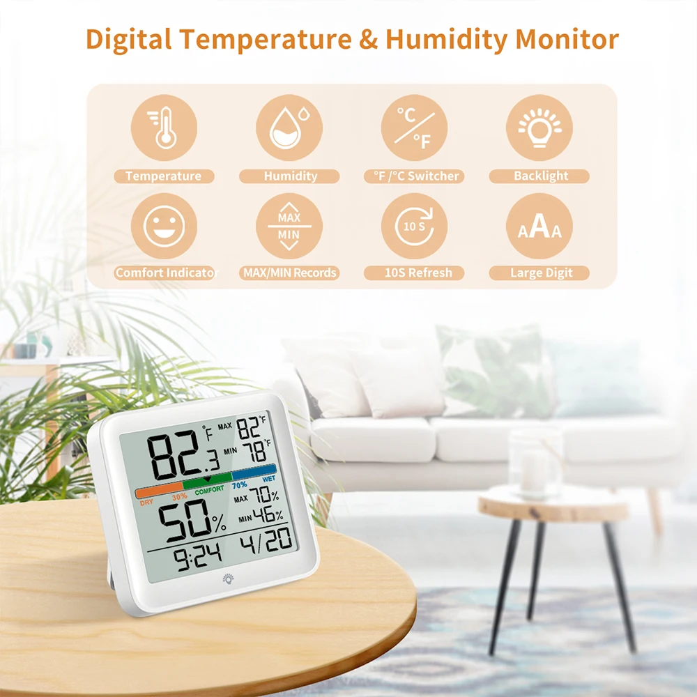 mewmewcat Smart Hygrometer Thermometer, Indoor Temperature and Humidity  Sensor with Remote App Control, Large LCD Display, Home Remote Monitor,  Data