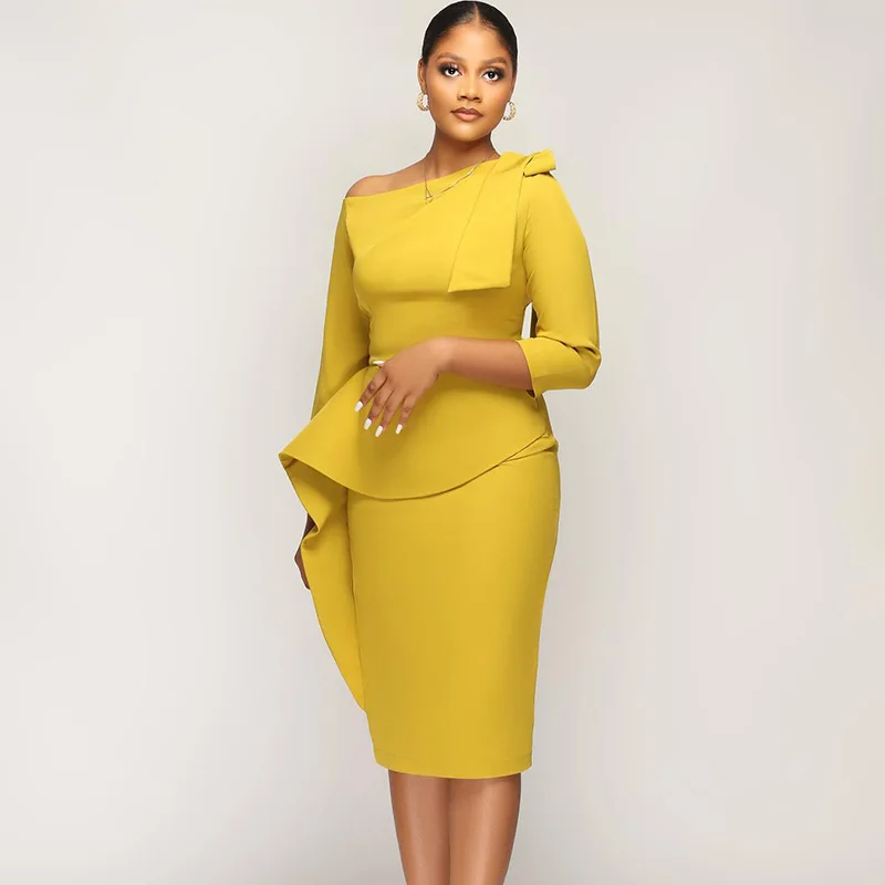 

Sexy Off Shoulder Elegance Work To Wear Pencil Dress Women Party Night Ruffles Peplum Office Lady Business Bodycon Midi Dress