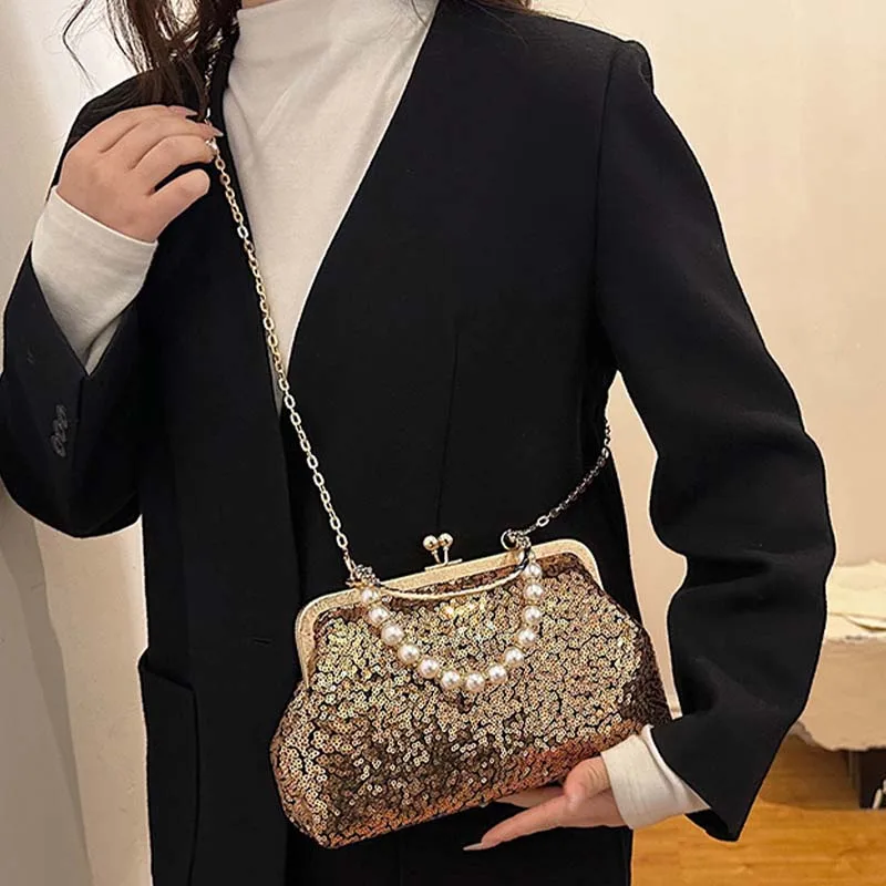 Pearl Chain Top Handle Sequins Clutch Handbag for Women Fashion Lady Glitter Wedding Evening Party Messenger Purse Shoulder Bag