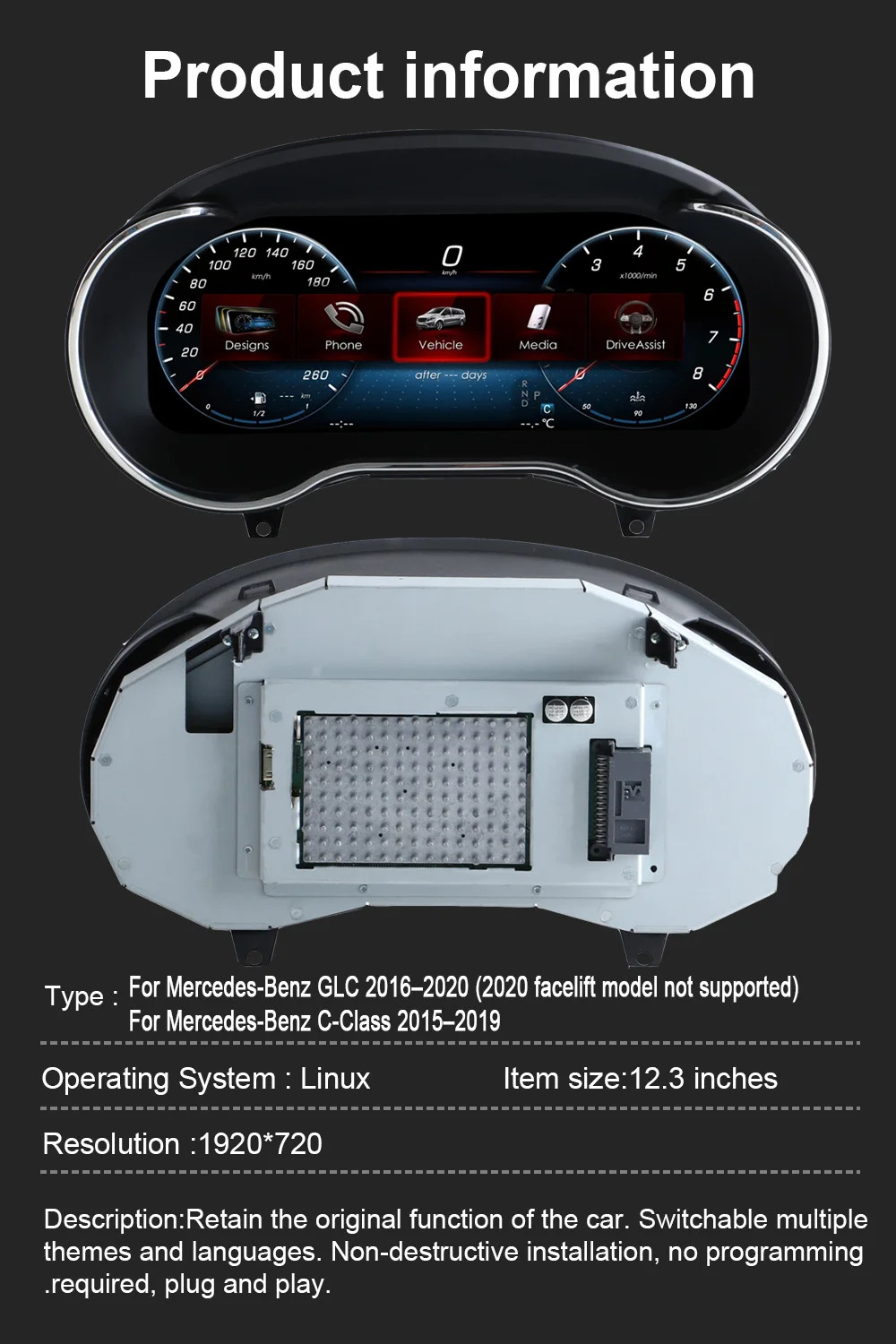For Mercedes-Benz C-Class 2015-2019/GLC 2016-2020 Digital Instrument Cluster Spe