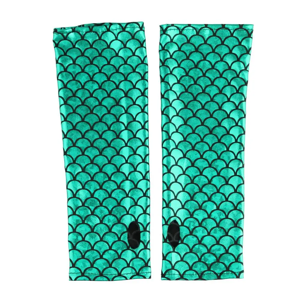 Women Mermaid Costume Fish Scale Pattern Printed Fingerless Long Gloves Arm Sleeves Adult Halloween Cosplay Costume Accessory