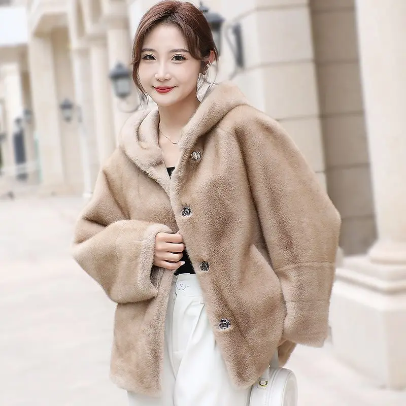 Imitation Mink-like Wool Leather Fur Coat, Short Outwear, Thicken, Warm, Casual Top, Simple, Monochromatic, New, 2024