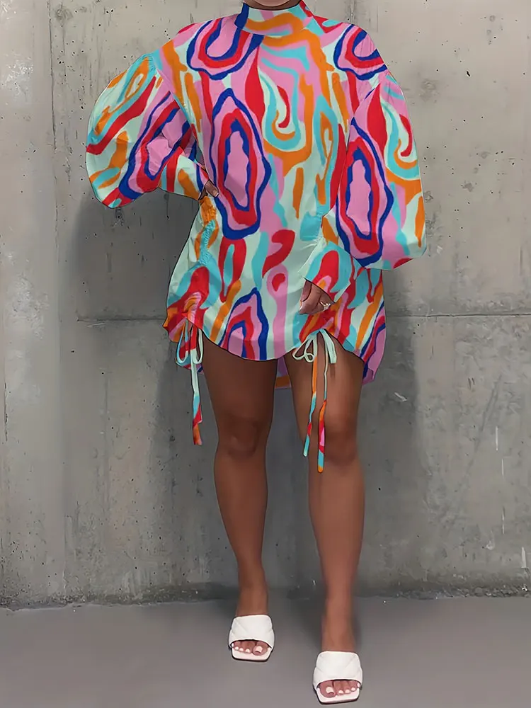 Plus Size Clearance Sale Stand-Up Collar Printed Puff Sleeve Mini Dress Colorful Side Drawstring Women Dress Party Evening Dress