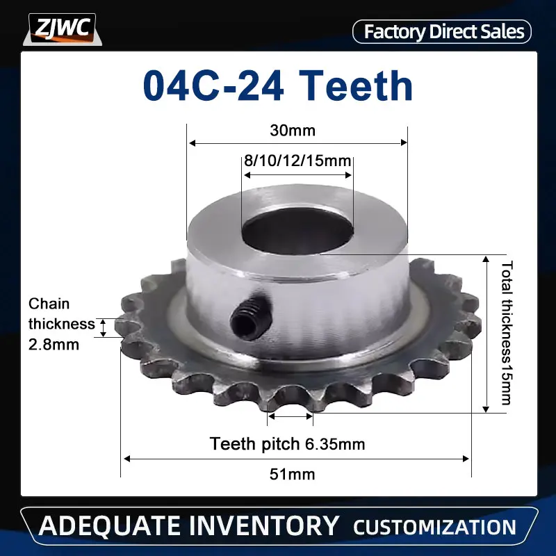 04C Sprocket 24Teeth Inner Hole 8/10/12/15mm 25H 45# Steel Sprocket Table Wheel Finished Hole Screw M5 1pc industrial drive sprocket