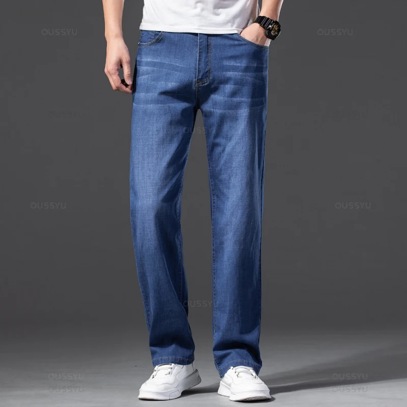 Men Jeans Denim Trousers Lyocell Pants Classic Summer Straight Stretch Plus Size 40 42 44 46