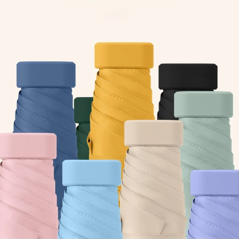 Flat Capsule Umbrella Mini 5-Fold UV Protection Sun and Rain Umbrella Portable Case with Shoulder Strap Black Coating Windproof