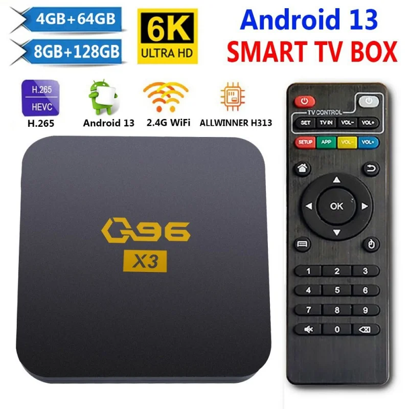 

Приставка Смарт-ТВ Q96 X3 для домашнего кинотеатра, Android 13, Allwinner H313, HDR, 6K, UHD, 2,4G, Wi-Fi, 8 ГБ, 128 ГБ