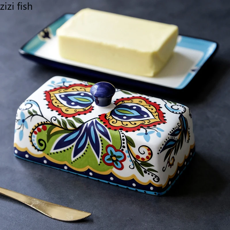 Ceramic Butter Plate with Lid Creative Hand-painted Pattern Butter Box Dim Sum Plate Cheese Household Specialty Tableware