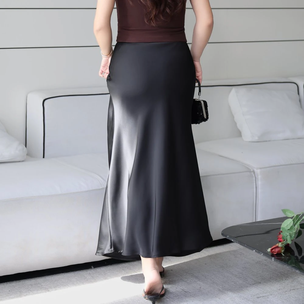 Matte Double-Sided Acetate Bias-Cut Mermaid Maxi Skirt Plus Size French Chic Autumn Summer Premium Women's Bottoms