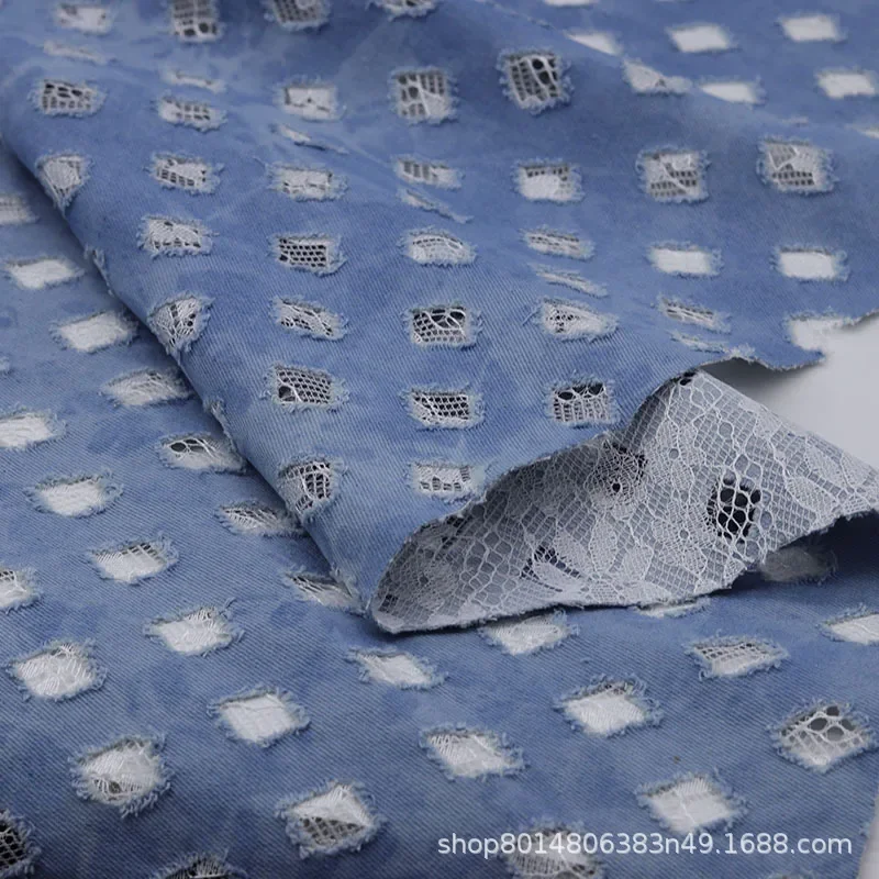 Retro Lace Composite Washed Denim Fabric for Clothing Skirts Jackets Bags Hole Punching Available in Stock from Mainland China