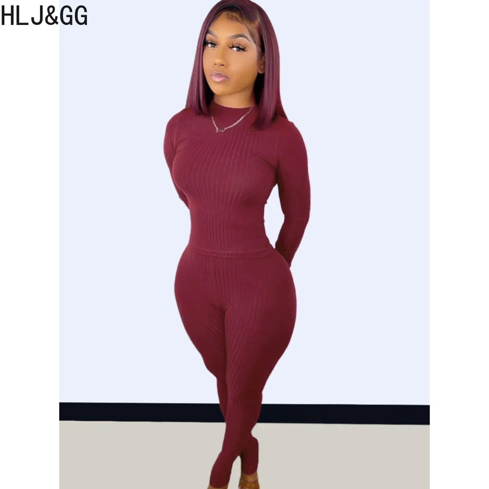 HLJ&GG Casual Solid Color Ribber Two Piece Sets Women Round Neck Long Sleeve Top + Legging Pants Tracksuits Female 2pcs Outfits