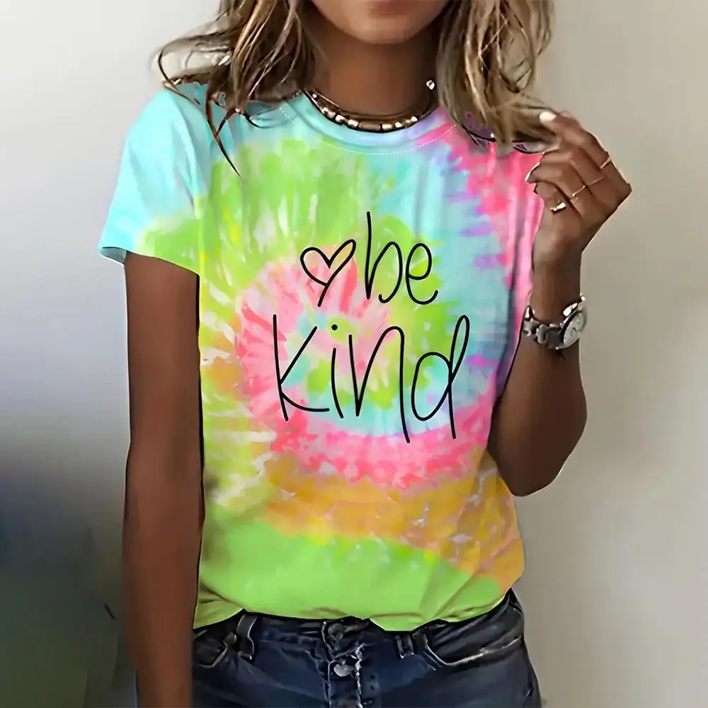 

Women O-Neck T-Shirts 3D Letter Print Casual Tie Dye Style Pullover Loose Short Sleeves Oversized Tee Shirt Female Clothing 2024