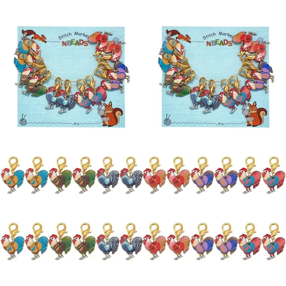 24 Pcs Rooster Stitch Markers, Enamel Crochet Marker Charms Removable Lobster Clasp Locking Stitch Marker for Knitting Weaving