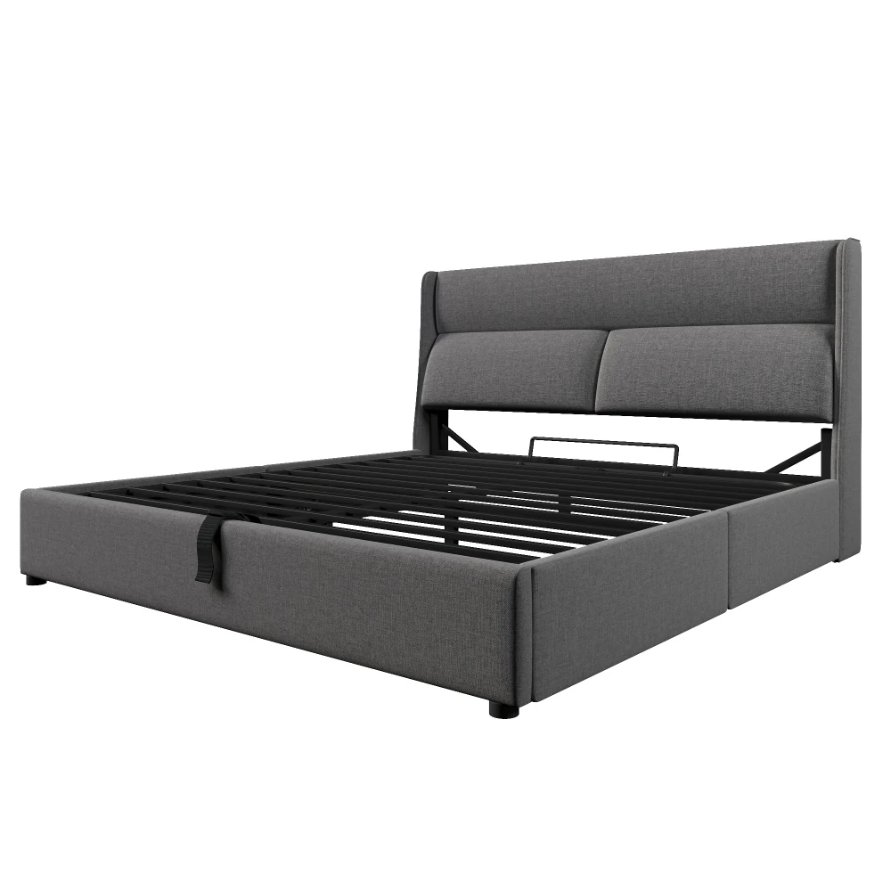 Gepolstertes Bett, Doppelbett mit verstellbaren Kopfstützen, hydraulischem Bettrahmen, Leinenbett mit Metalllattengitter (ohne Matratze) – Detail 18