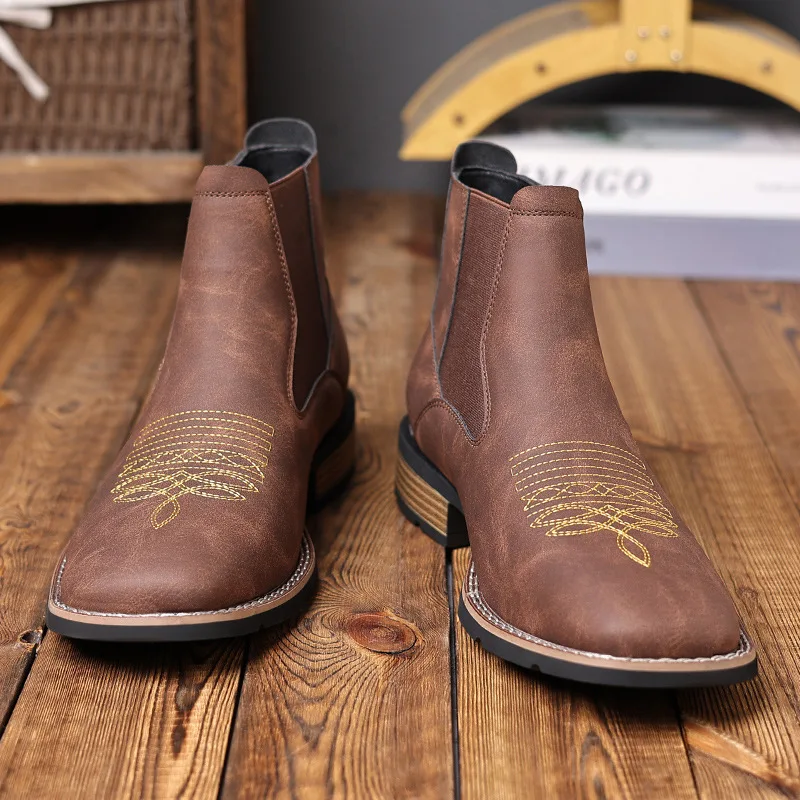 Retro Chelsea Boots Men Shoes PU Brown Embroidery Business Casual British Style Street Urban Wear Classic Black Ankle Boots