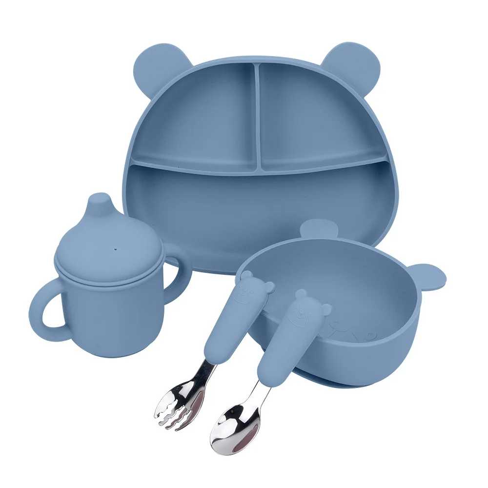 

BPA Free Safety Feeding Bowl Set with Spoon and Fork Baby Dinnerware Products Silicone Suction Plate Set