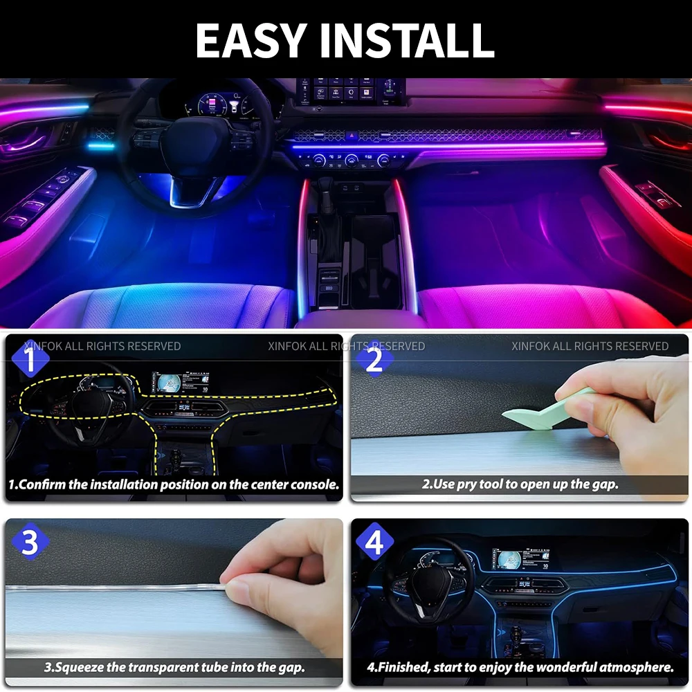 10 in 1 Car Acrylic Interior Neon Light 12V Symphony RGB Ambient Strips Decoration Lamp, 35.43&lsquo;&rsquo; Streamer Atmosphere Kit