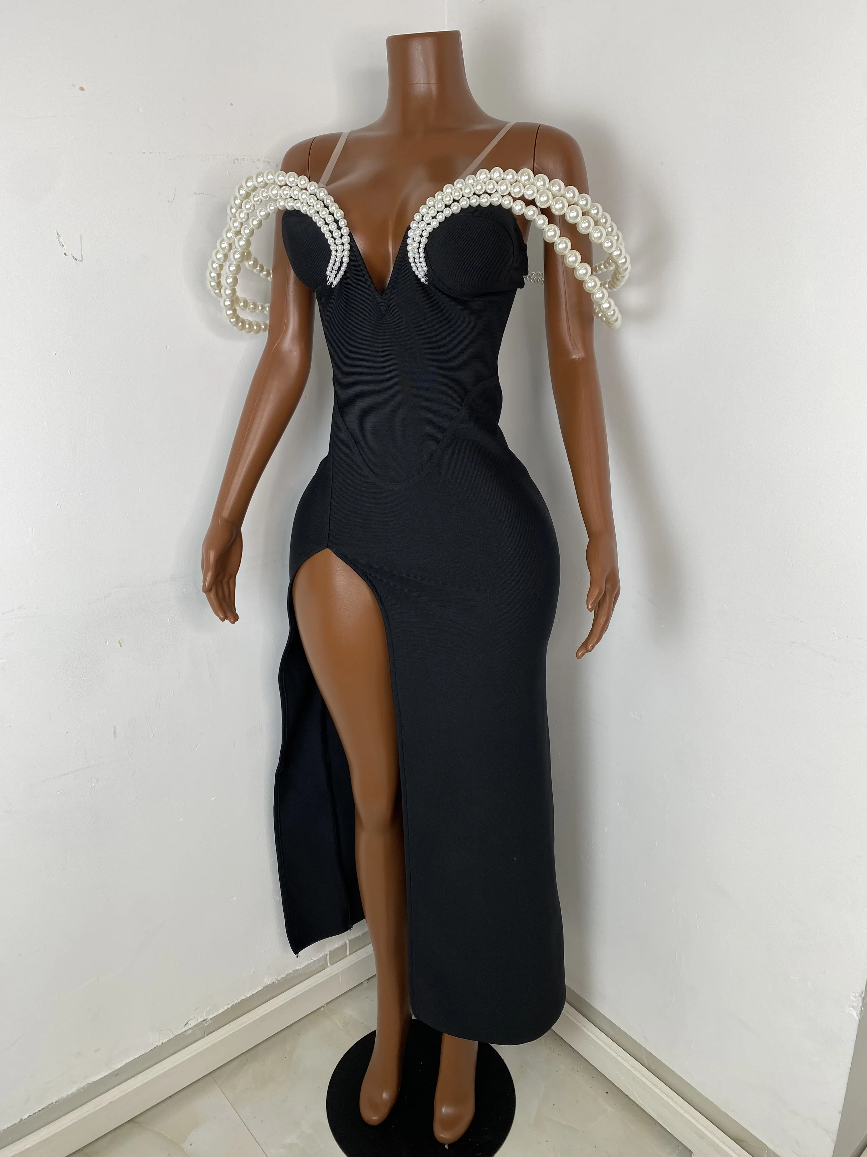 Women Sexy Off Shoulder Pearl Black Maxi Long Bandage Dress Birthday Party  Outwear Knitted Bodycon Clothing - AliExpress 200000345