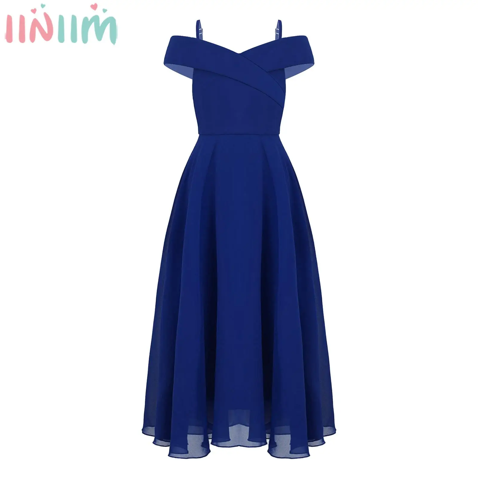 Girls Elegant Chiffon Party Dress Off Shoulder Adjustable Spaghetti Strap Floor-length Maxi Dress for Wedding Birthday Evening