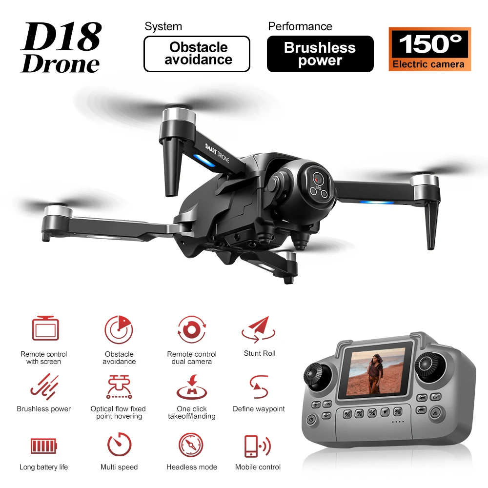 Drone Mini D18 8K avec écran, moteur brushless, évitement obstacles