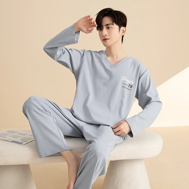 Cotton Long Sleeves Sleepwear for Men Plus Size L-3XL Casual Loungewear  Young Boy Nightwear Korean Fashion Home Clothes Dropship