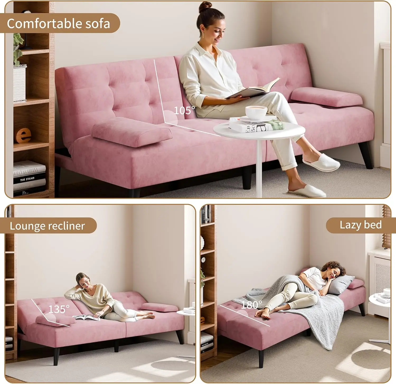 Sofa Bed Futon Couches, Modern Convertible Folding Loveseat - Multi-Functional Recliner with 3-Angle Adjustment, Detachable