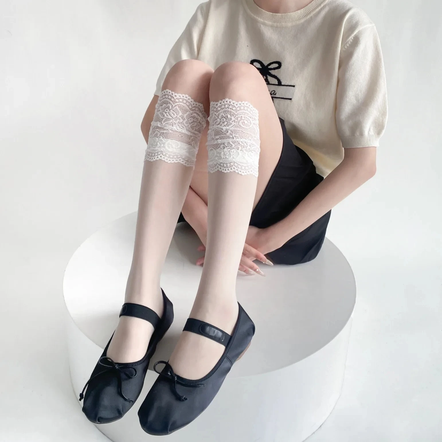 JK Lolita Sweet Girls Sexy Spitzen-Mesh-Netzstrümpfe Kniestrümpfe Spitzen-Rüschen-Langsocken Ultradünne transparente Damenstrümpfe – Detail 8