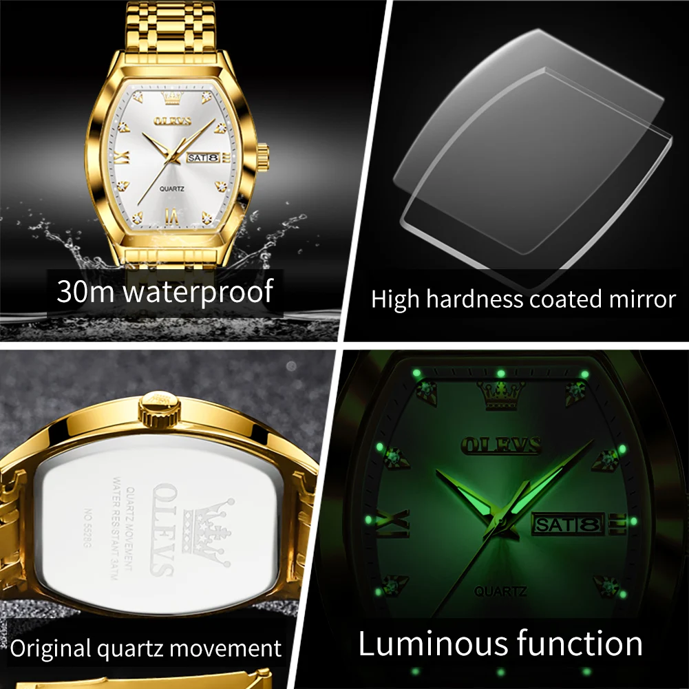 OLEVS 5528 Quartz Mens Watches Luxury Original Barrel Shape Stainless Steel Waterproof Business Top Brand Wristwatch Lover Gifts
