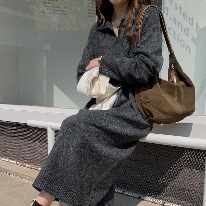 

Casual Thicken Warm Loose Sweater Dress Women Autumn Winter Lapel Full Sleeve Solid Long Knitted Dress Female Vestidos