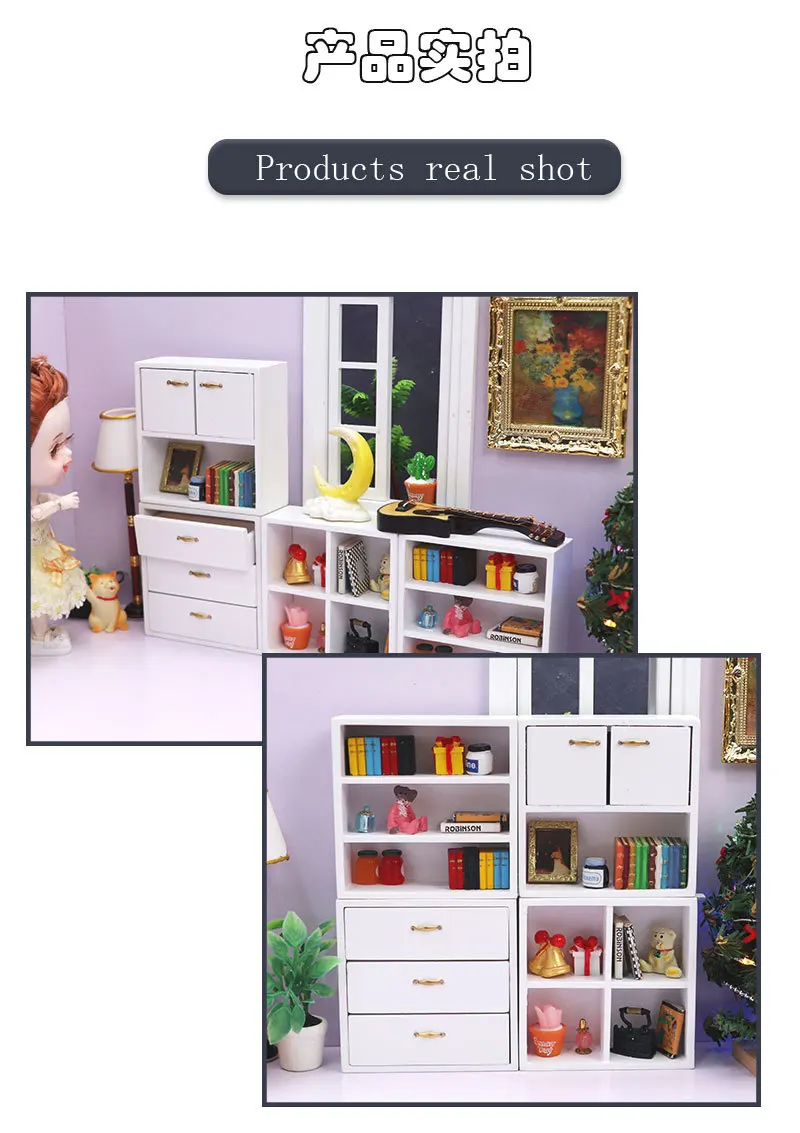 1:12 Dollhouse Miniature Cabinet Floor Shelf Bookcase Mini White Furniture Display Case Doll House Accessories Wooden Cupboard