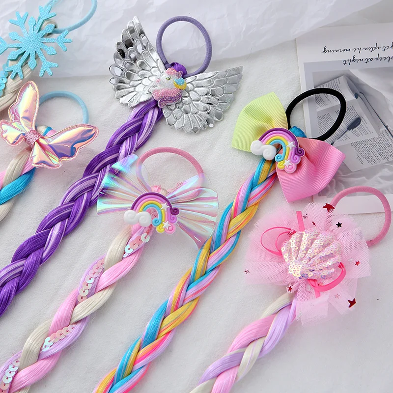 Baby Cute Wigs Ponytail for Kids Girl Candy Cartoon Unicorn Butterfly Bow Ponytail Hair Ornament Rubber Bands Headwear Braid