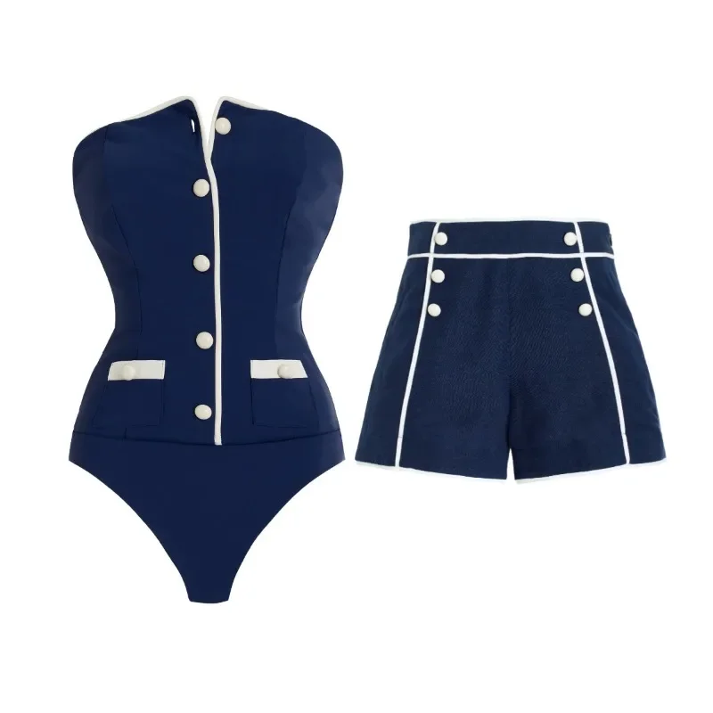 Navy Strapless Simple One-piece Swimwear Set Summer Women one piece swimsuit,women swimwear