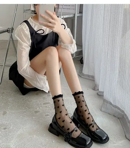 여성용 러플 러브 하트 패턴 얇은 긴 양말, 섹시한 JK 유니폼, 달콤한 유리 섬유, 투명 블랙 레이스 양말, 인스타 스타일 5