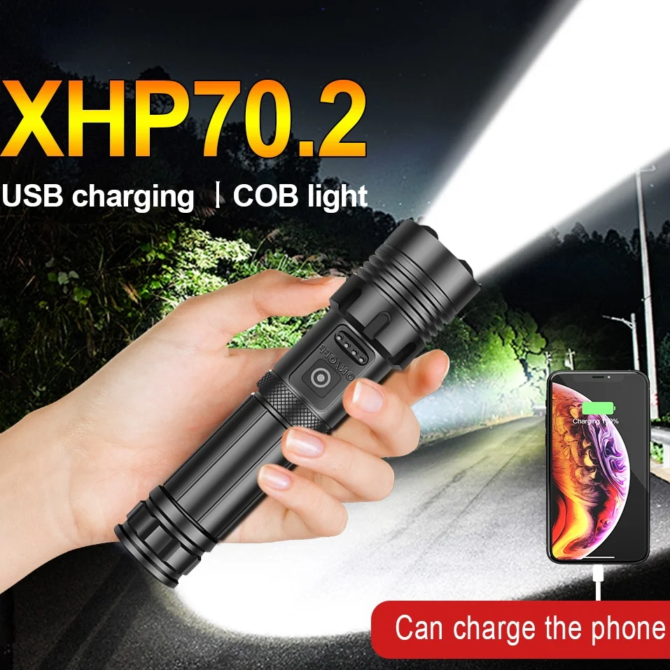 

Светодиодный фонарик XHP70, 4-ядерный USB фонарь, водонепроницаемый тактический ручсветильник светильник с зумом, зарядка через USB, для кемпинга, рыбалки, пешего туризма