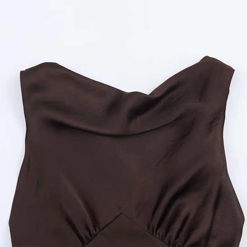 Women's Solid Vacation Style Satin Backless Sexy Midi Dress Summer Female Elegant Party Long Dress Ladies Sleeveless Dress