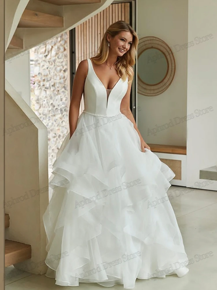 Elegant Wedding Dresses A-Line Tulle Tiered Pleat Bridal Gowns Sexy Sleeveless Deep V-Neck Robes Vestidos De Novia Customized 4