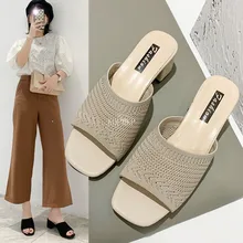  2022 Summer Sandals Women Shoes Women Mules Slides Peep Toe Square High Heels Sandals Female Shoe Casual Square Heel 35-40 