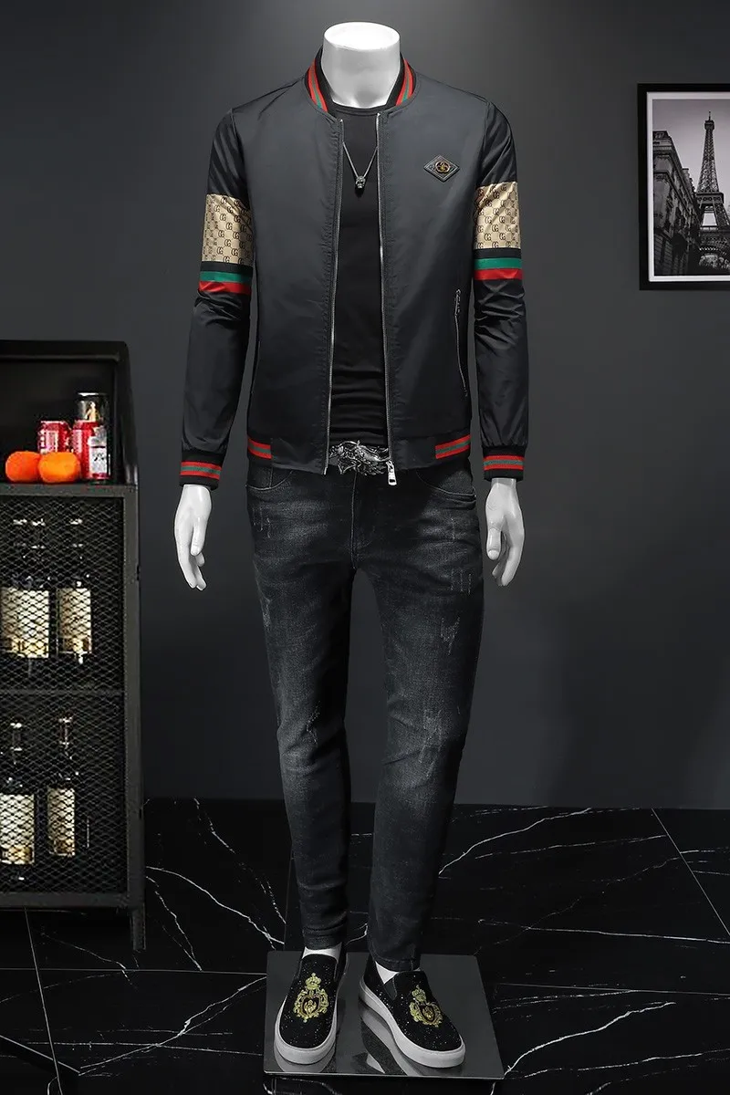 Men's boutique luxury jacket new zippered stand up collar black green men's casual fashion slim fit jacket plus size M-5XL